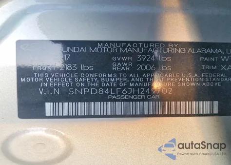 2018 Hyundai Elantra Sel z USA, uszkodzony, nr VIN 5NPD84LF6JH249702